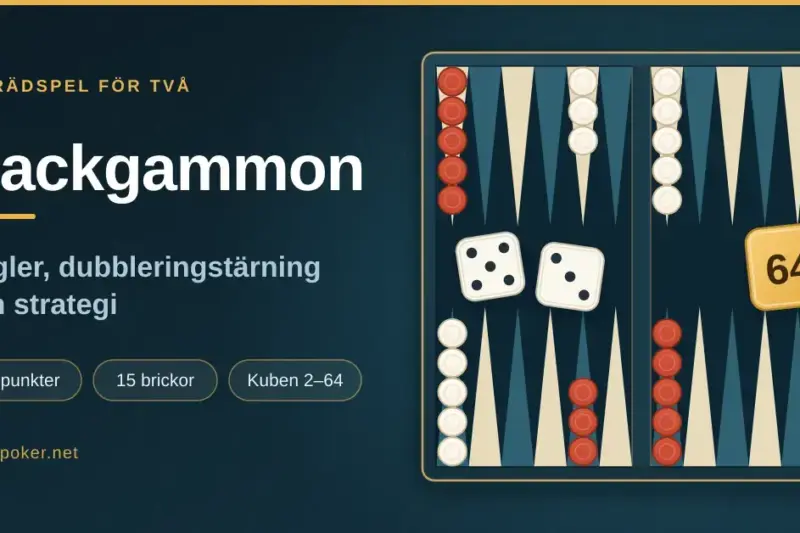 Illustration av ett backgammonbräde i startuppställning med röda och vita brickor, två tärningar och en dubbleringstärning som visar 64, bredvid rubriken "Backgammon – regler, dubbleringstärning och strategi".