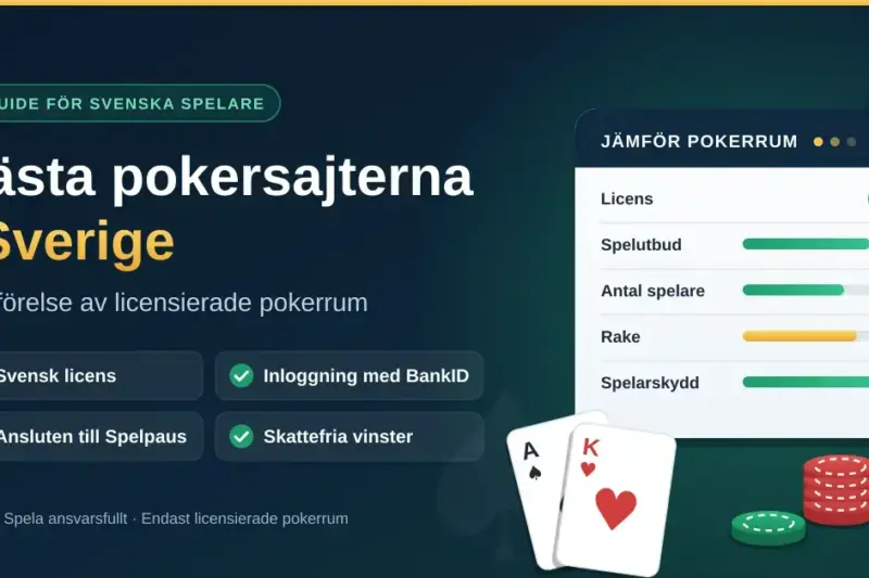 Grafik med rubriken "Bästa pokersajterna i Sverige" som visar en jämförelsetabell för licensierade pokerrum med kriterierna licens, spelutbud, antal spelare, rake och spelarskydd, omgiven av spelkort, pokermarker och en sköld som symboliserar svensk licens.