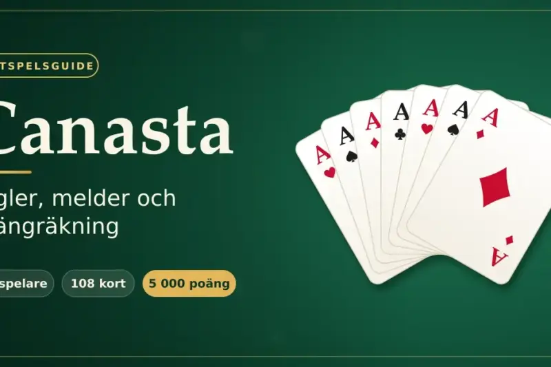 Grafisk bild med rubriken ”Canasta – regler, melder och poängräkning” på ett grönt spelbord, med en solfjäder av sju ess som bildar en canasta och faktarutor om 2–6 spelare, 108 kort och 5 000 poäng.