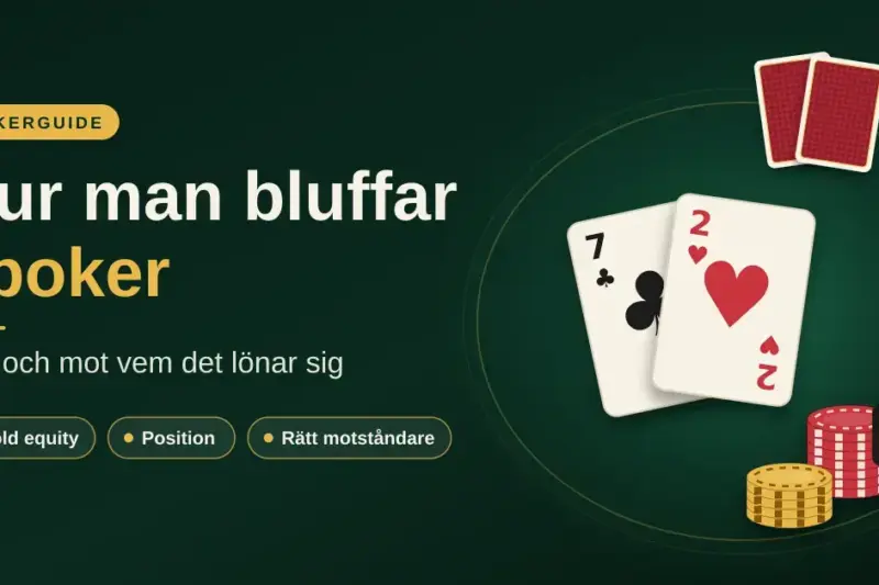 Grafik med rubriken ”Hur man bluffar i poker – när och mot vem det lönar sig” på ett grönt pokerbord, där en svag starthand med klöver sju och hjärter två, travar av marker och motståndarens dolda kort med frågetecken illustrerar en bluff.