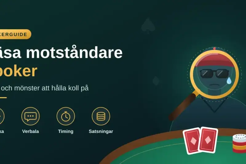 Illustration av en pokerspelare med keps och solglasögon som granskas genom ett förstoringsglas vid ett pokerbord med kort och marker, bredvid rubriken "Läsa motståndare i poker" och ikoner för fysiska och verbala tells, timing och satsningar.