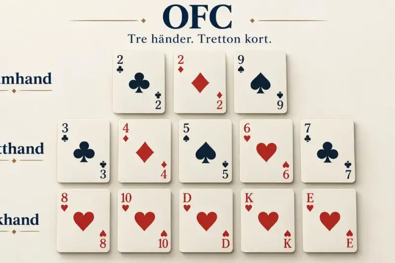 Tretton öppna spelkort fördelade på framhand med tre kort, mitthand med fem kort och bakhand med fem kort i Open Face Chinese Poker.