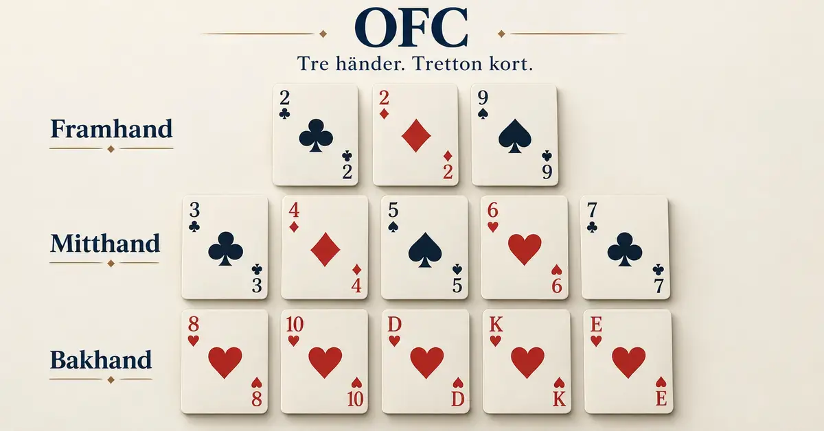 Tretton öppna spelkort fördelade på framhand med tre kort, mitthand med fem kort och bakhand med fem kort i Open Face Chinese Poker.