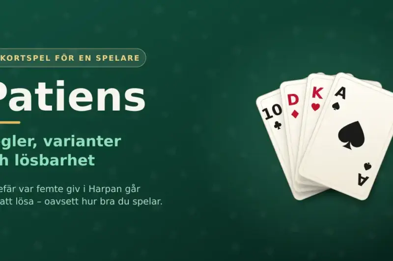 En grafik med fyra uppslagna spelkort i solfjäder mot en mörkgrön bakgrund, med texten ”Patiens – regler, varianter och lösbarhet”.