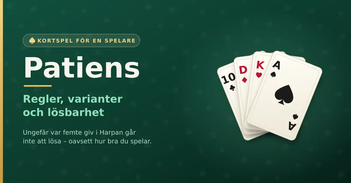 En grafik med fyra uppslagna spelkort i solfjäder mot en mörkgrön bakgrund, med texten ”Patiens – regler, varianter och lösbarhet”.