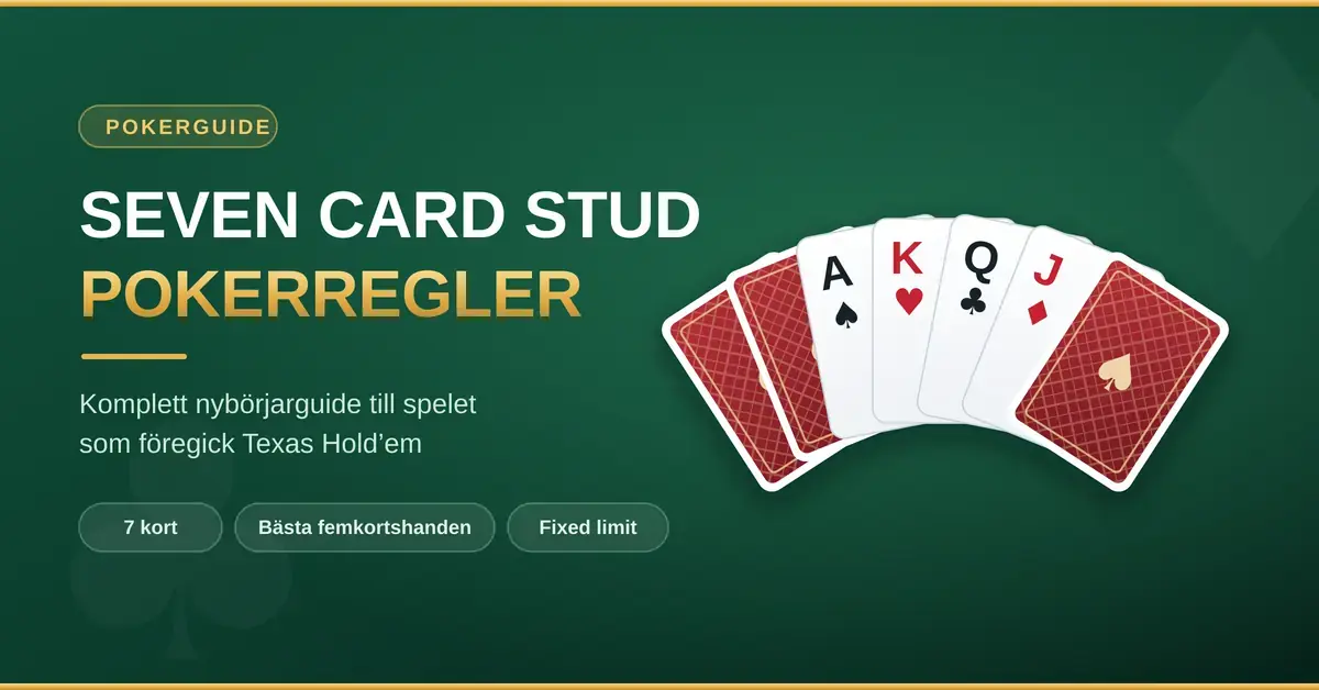 En grafik med texten "Seven Card Stud pokerregler" bredvid en solfjäder av sju spelkort på grön pokerduk, där fyra kort ligger uppvända och tre är nedvända.