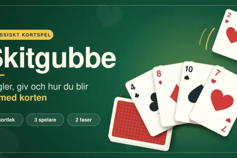 Illustration på ett grönt spelbord med en solfjäder av spelkort, en hög med kort och ett kort som spelas ut, bredvid rubriken "Skitgubbe" och texten "Regler, giv och hur du blir av med korten".