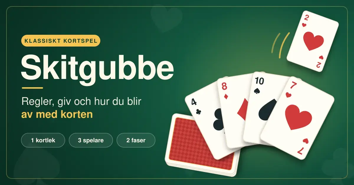 Illustration på ett grönt spelbord med en solfjäder av spelkort, en hög med kort och ett kort som spelas ut, bredvid rubriken "Skitgubbe" och texten "Regler, giv och hur du blir av med korten".