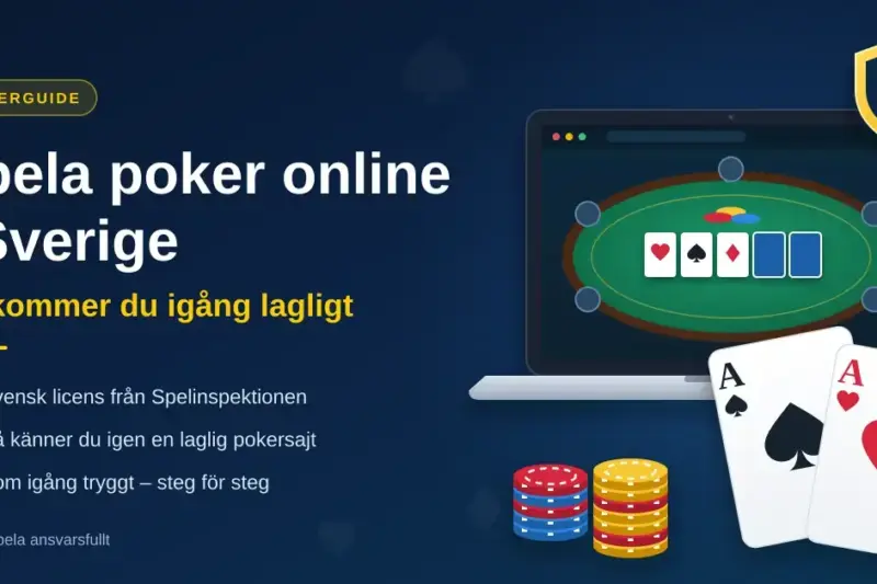 Illustration av en laptop med ett pokerbord på skärmen, spelmarker, två ess och en sköld med bock som symboliserar svensk spellicens, bredvid rubriken ”Spela poker online i Sverige – så kommer du igång lagligt”.
