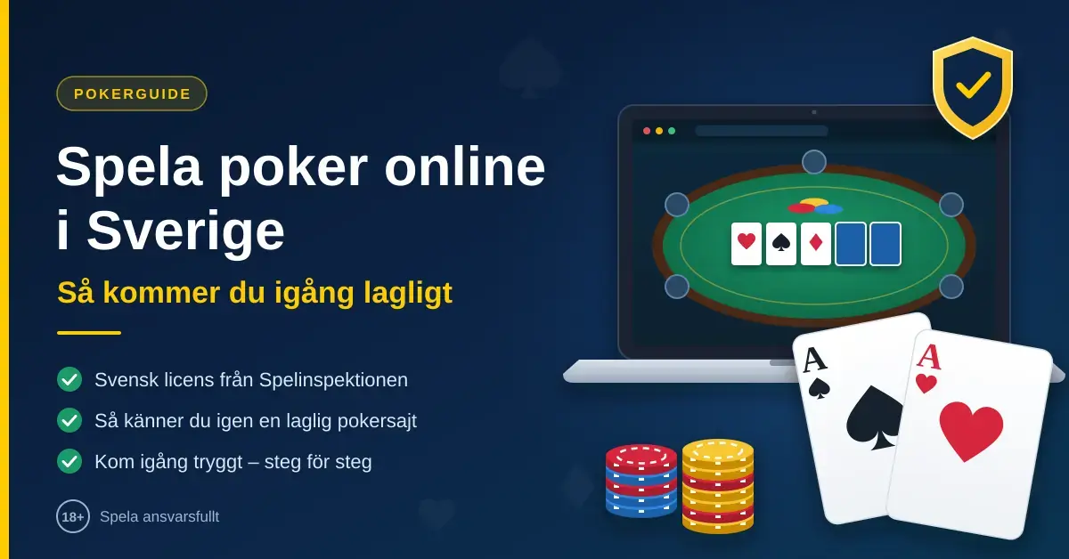 Illustration av en laptop med ett pokerbord på skärmen, spelmarker, två ess och en sköld med bock som symboliserar svensk spellicens, bredvid rubriken ”Spela poker online i Sverige – så kommer du igång lagligt”.