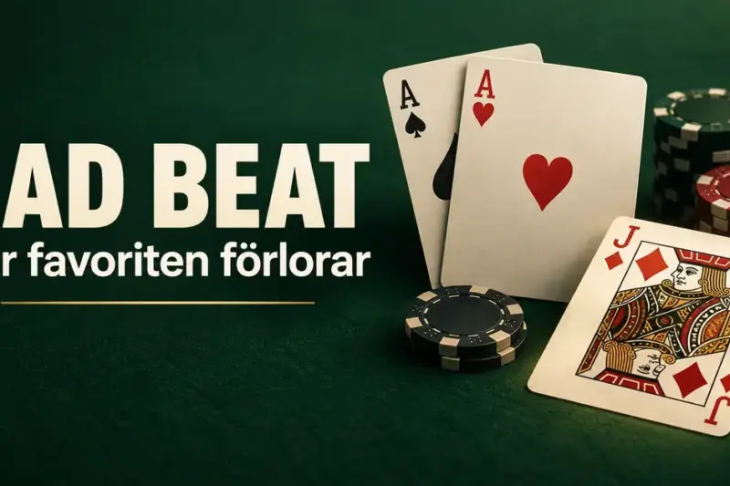 Två ess, en ruterknekt och pokermarker på ett grönt pokerbord med texten ”Bad beat – När favoriten förlorar”.