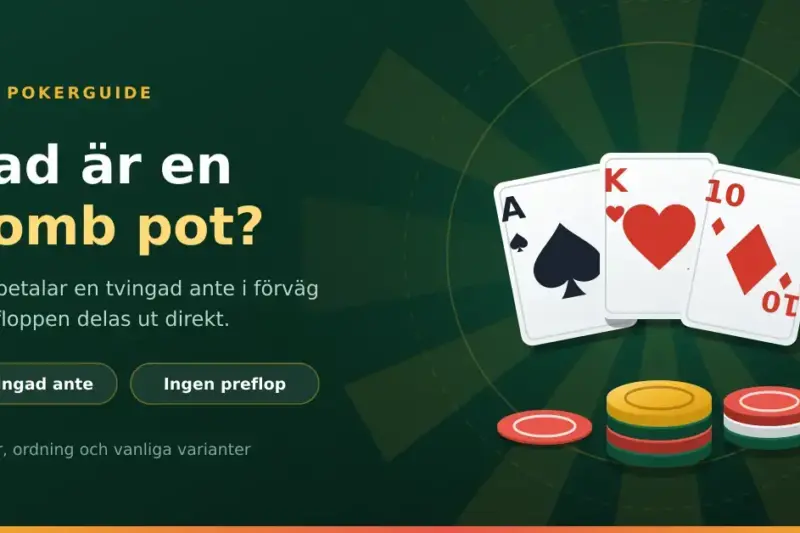 En grafik med rubriken "Vad är en bomb pot?" bredvid tre uppvända pokerkort och högar med pokermarker mot en mörkgrön bakgrund.