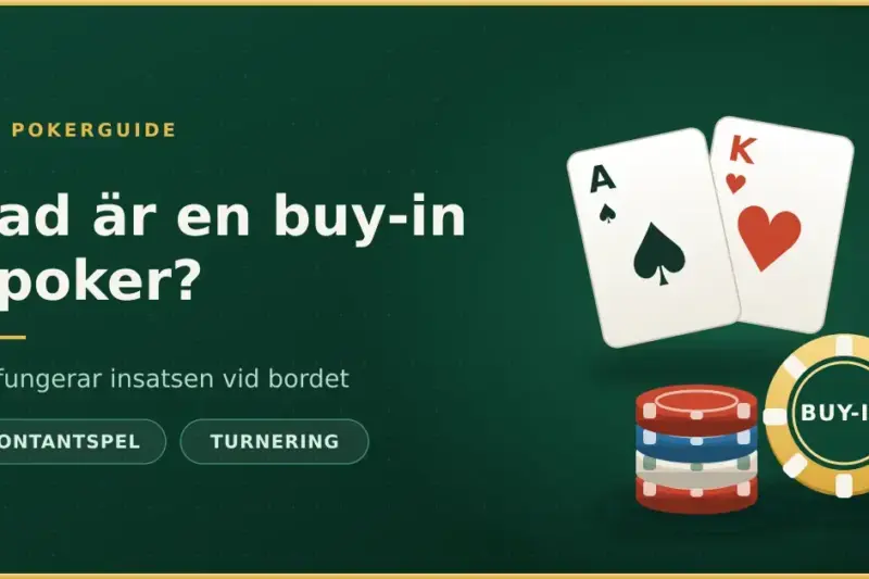 Illustration med spelkort och pokermarker bredvid texten "Vad är en buy-in i poker?" som förklarar hur insatsen fungerar i kontantspel och turnering.