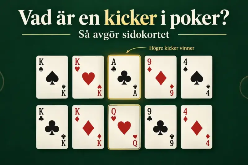 Två pokerhänder med par i kungar där ett markerat ess som kicker slår en dam och avgör vinnaren.