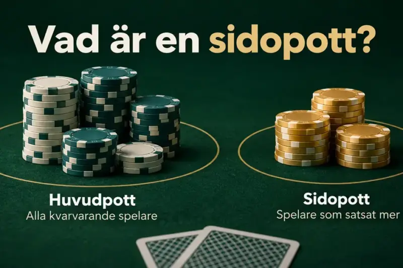 Pokermarker på ett grönt pokerbord uppdelade i en huvudpott för alla kvarvarande spelare och en sidopott för spelare som satsat mer.