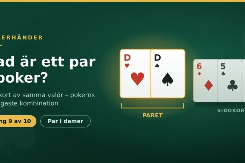 Grafik med rubriken "Vad är ett par i poker?" där ett par i damer (hjärterdam och spaderdam) visas markerat bredvid tre sidokort på ett grönt pokerbord.