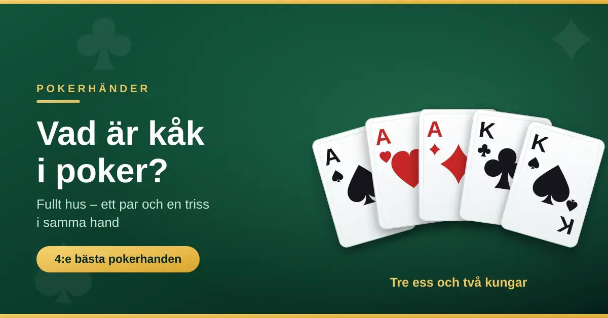 Fem spelkort som visar en kåk i poker – tre ess och två kungar – på ett grönt pokerbord.