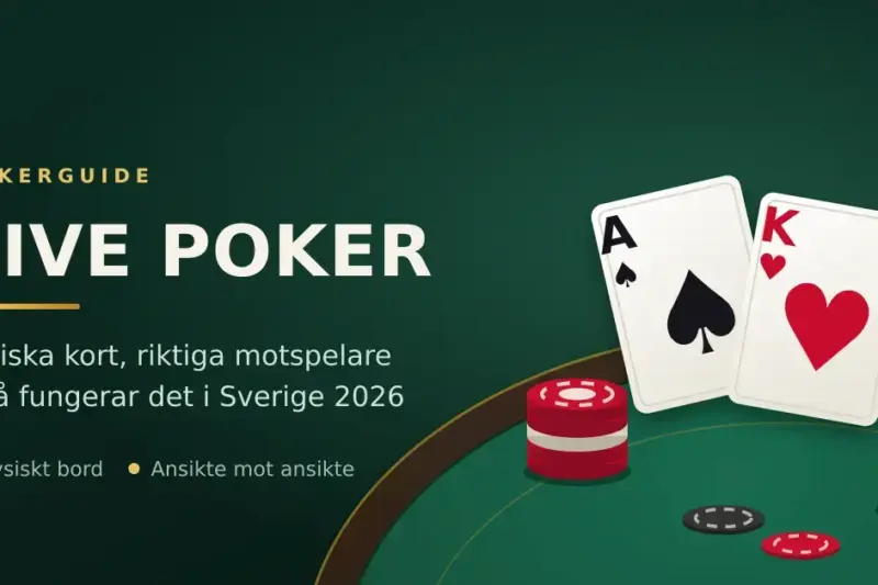 Illustration av ett pokerbord med två spelkort, ess i spader och kung i hjärter, och staplade spelmarker bredvid texten "Live poker – fysiska kort, riktiga motspelare, så fungerar det i Sverige 2026".