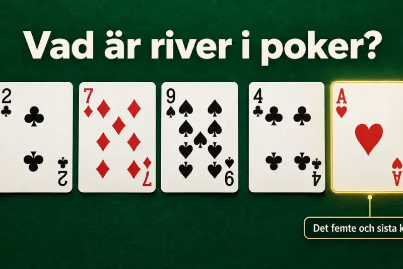 Fem gemensamma pokerkort på ett grönt bord, där hjärter ess är markerat som rivern, det femte och sista kortet.