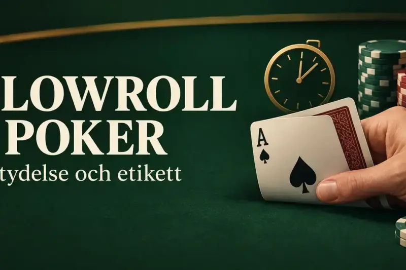 Illustration av en hand som visar ett spaderess vid ett pokerbord med marker och en klocka, intill texten ”Slowroll i poker – Betydelse och etikett”.