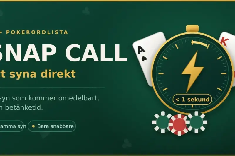 Grafik med texten "Snap call – att syna direkt", ett stoppur med blixtsymbol, spelkort och pokermarker mot grön bakgrund.