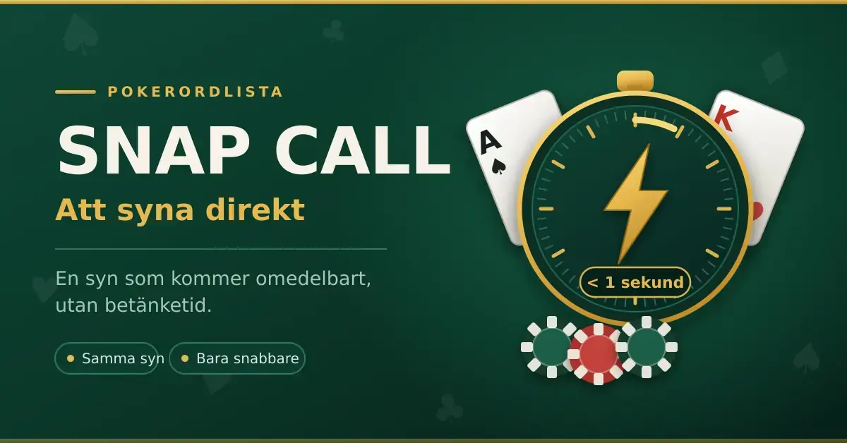Grafik med texten "Snap call – att syna direkt", ett stoppur med blixtsymbol, spelkort och pokermarker mot grön bakgrund.