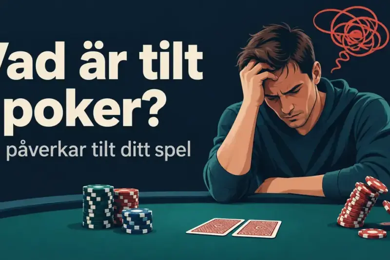 Illustration av en frustrerad pokerspelare med handen mot pannan vid ett bord med spelkort och vältande marker, intill texten ”Vad är tilt i poker? Så påverkar tilt ditt spel”.