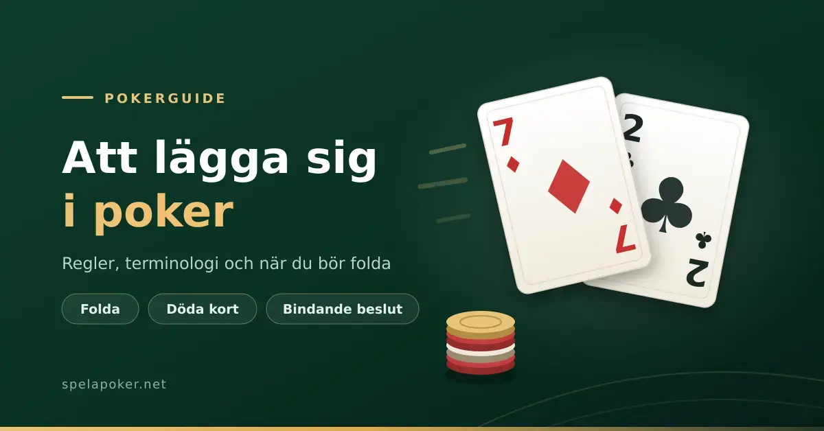 En grafik med rubriken "Att lägga sig i poker" bredvid två spelkort, sjuan i ruter och tvåan i klöver, som kastas bort från en stapel pokermarker.