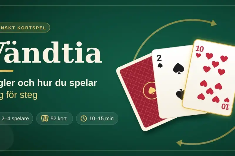 Grafik på grönt kortbord med rubriken ”Vändtia – regler och hur du spelar steg för steg” bredvid tre spelkort – ett nedvänt kort, spader två och hjärter tio – omgivna av gyllene pilar i en cirkel.